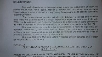 Photo of Fw: EL INTENDENTE DECLARA DE INTERÉS MUNICIPAL Y ASUETO ADMINISTRATIVO POR EL DÍA INTERNACIONAL DE LA MUJER